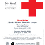 RED CROSS BLOOD DRIVE at Rocky Mount Masonic Lodge, April 2, 2024, 2 – 6 pm, FREE Lunch